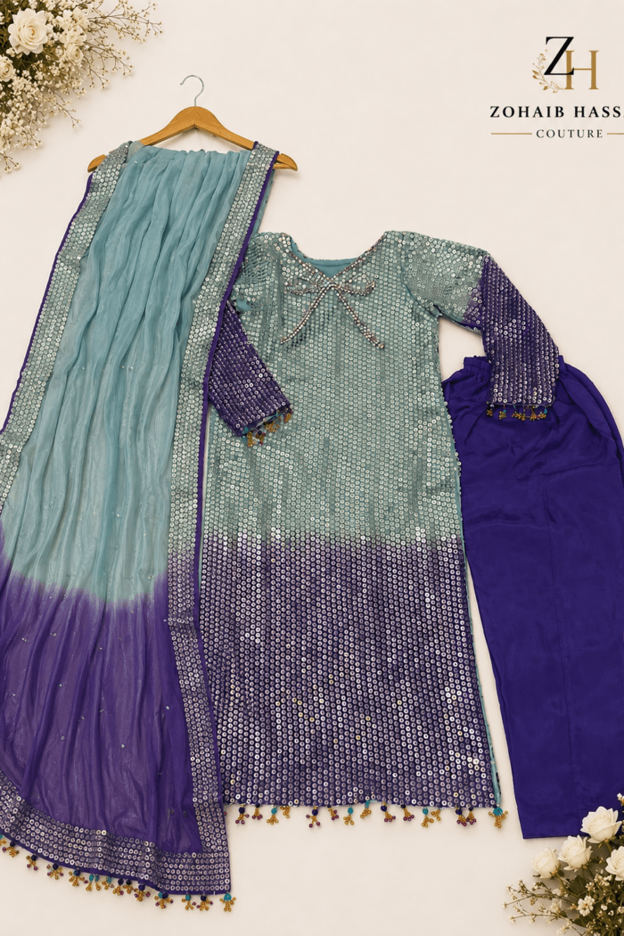 Aab-e-Neel Dual-Tone Luxury Pret Ensemble by Ayzal Hassan