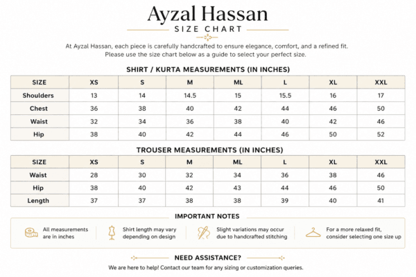 Ayzal Hassan women's size chart for shirt kurta and trouser measurements in inches