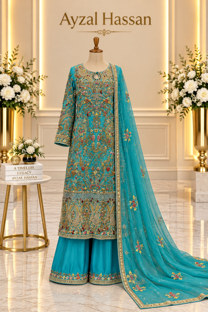 Zarveen – Turquoise Handwork Palazzo Formal — AYZAL HASSAN
