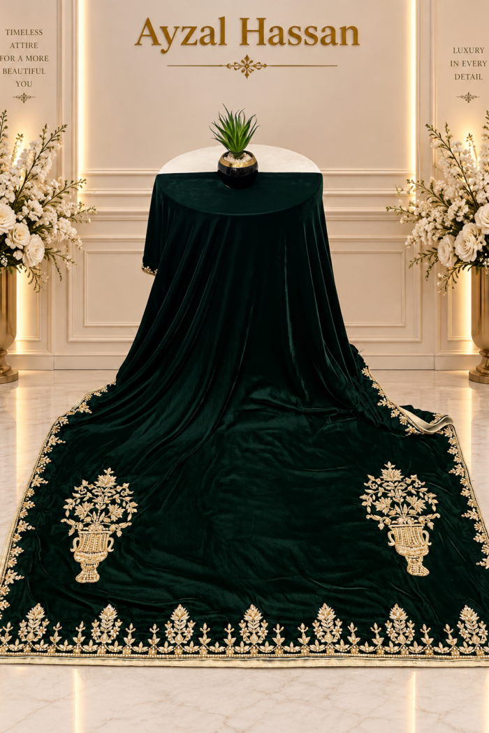 Zamurrad Ara – Ivory Sheesha Silk & Bottle Green Velvet Shawl Formal — AYZAL HASSAN