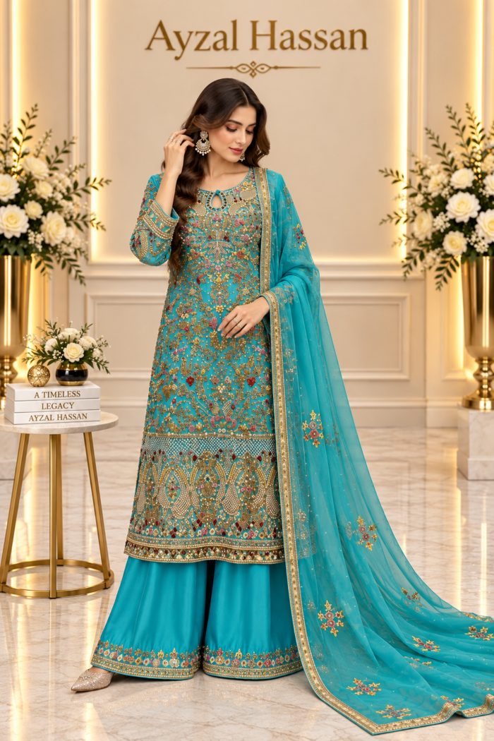 Zarveen – Turquoise Handwork Palazzo Formal — AYZAL HASSAN