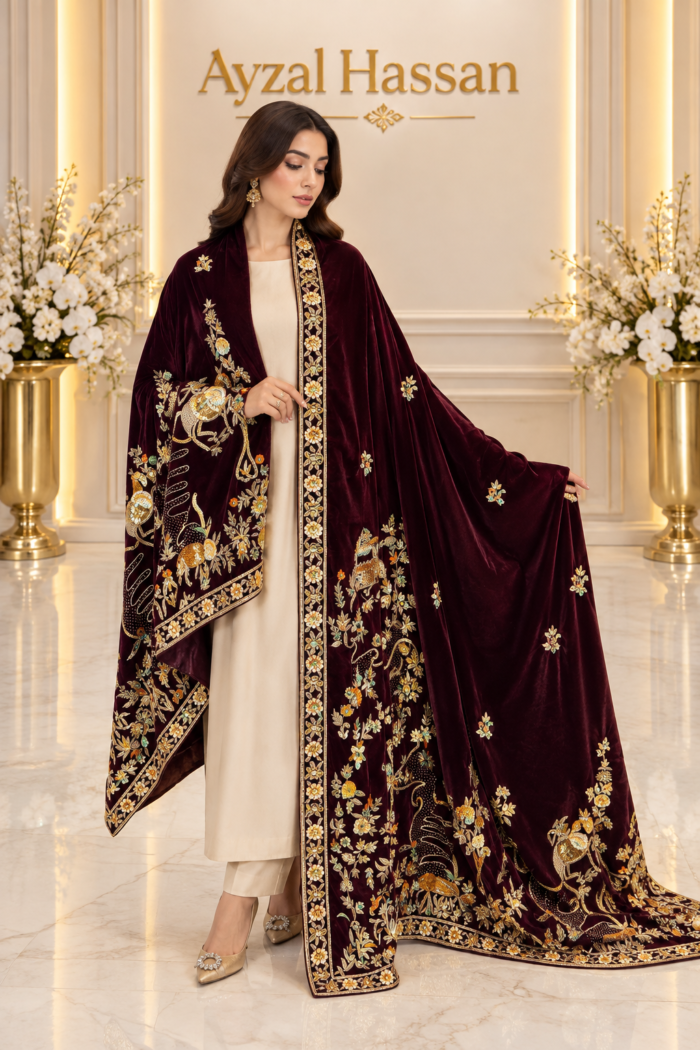 Jahan Ara – Ivory Tissue Silk & Wine Velvet Royal Shawl Formal — AYZAL HASSAN