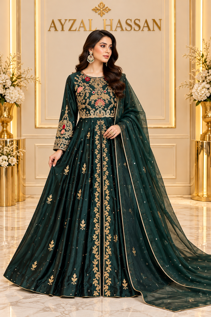 ZARNOUSH emerald green tissue silk Anarkali gown with gold embroidery | AYZAL HASSAN