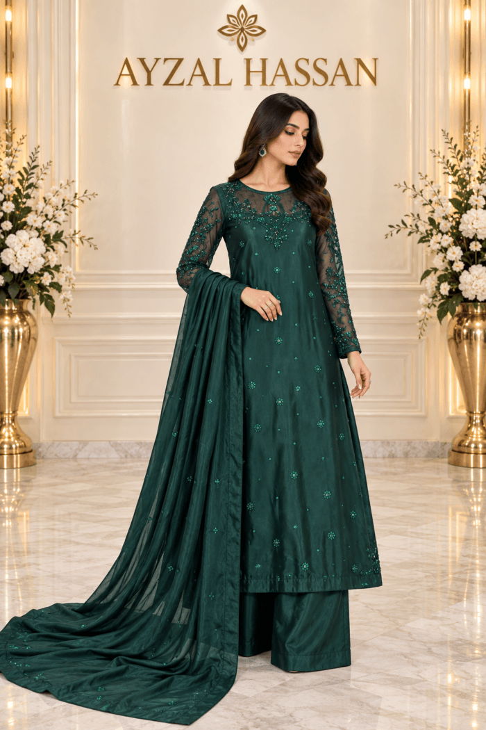 Shahzareen emerald green Tissue Silk luxury pret ensemble — AYZAL HASSAN