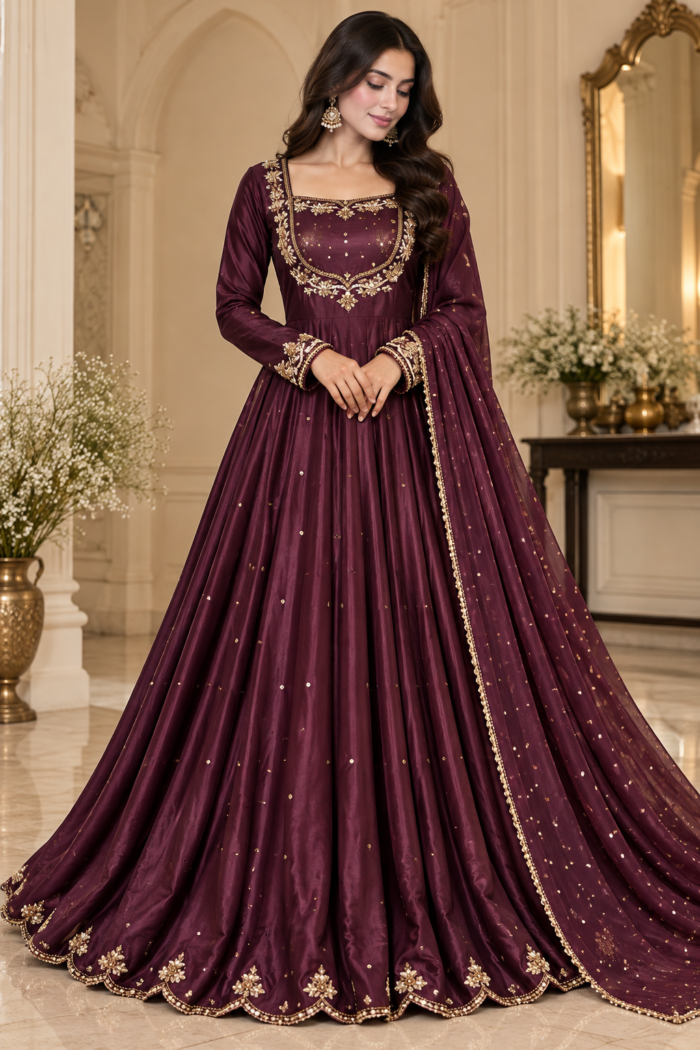 Mehroze deep plum tissue silk Anarkali gown — full outfit | AYZAL HASSAN