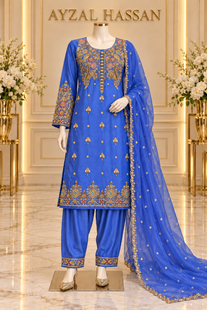 Zar-e-Neelam royal blue raw silk formal suit — outfit detail image 1 | AYZAL HASSAN