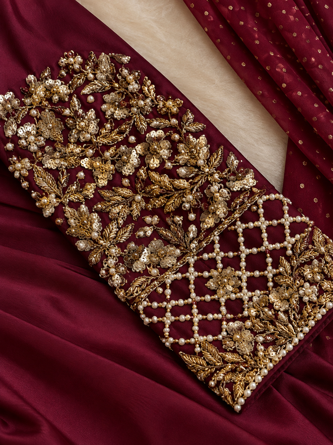 Ravesha wine red silk Anarkali maxi — outfit detail image 2 | AYZAL HASSAN