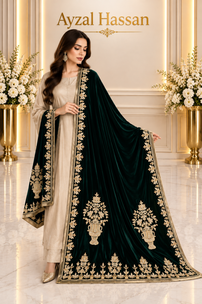 Zamurrad Ara – Ivory Sheesha Silk & Bottle Green Velvet Shawl Formal — AYZAL HASSAN