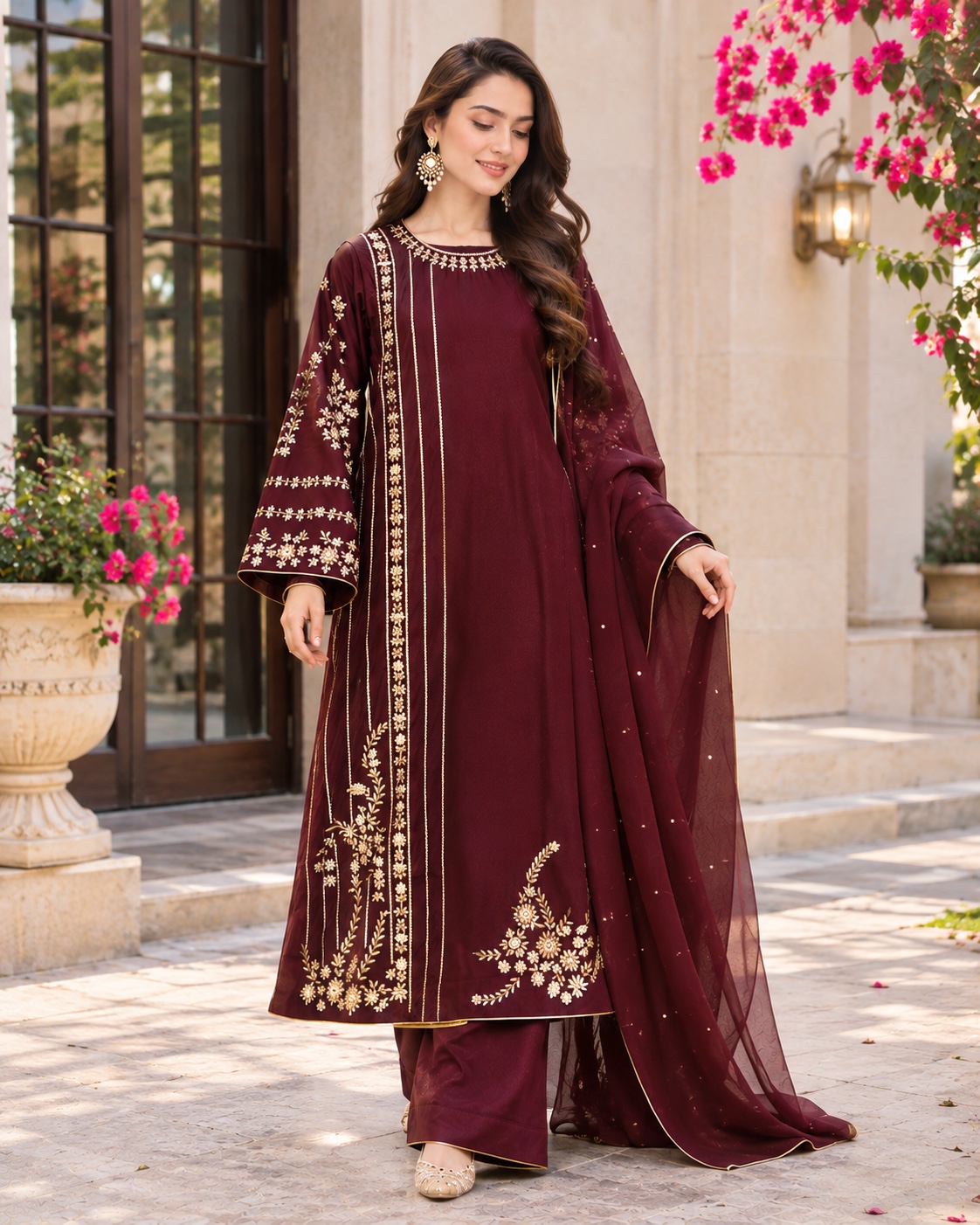 ZAR-E-SHAAM kaftan full-length front model view | AYZAL HASSAN