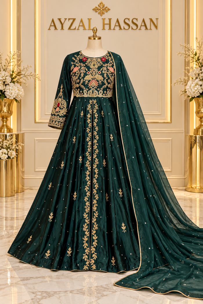 ZARNOUSH emerald green tissue silk Anarkali gown with gold embroidery | AYZAL HASSAN
