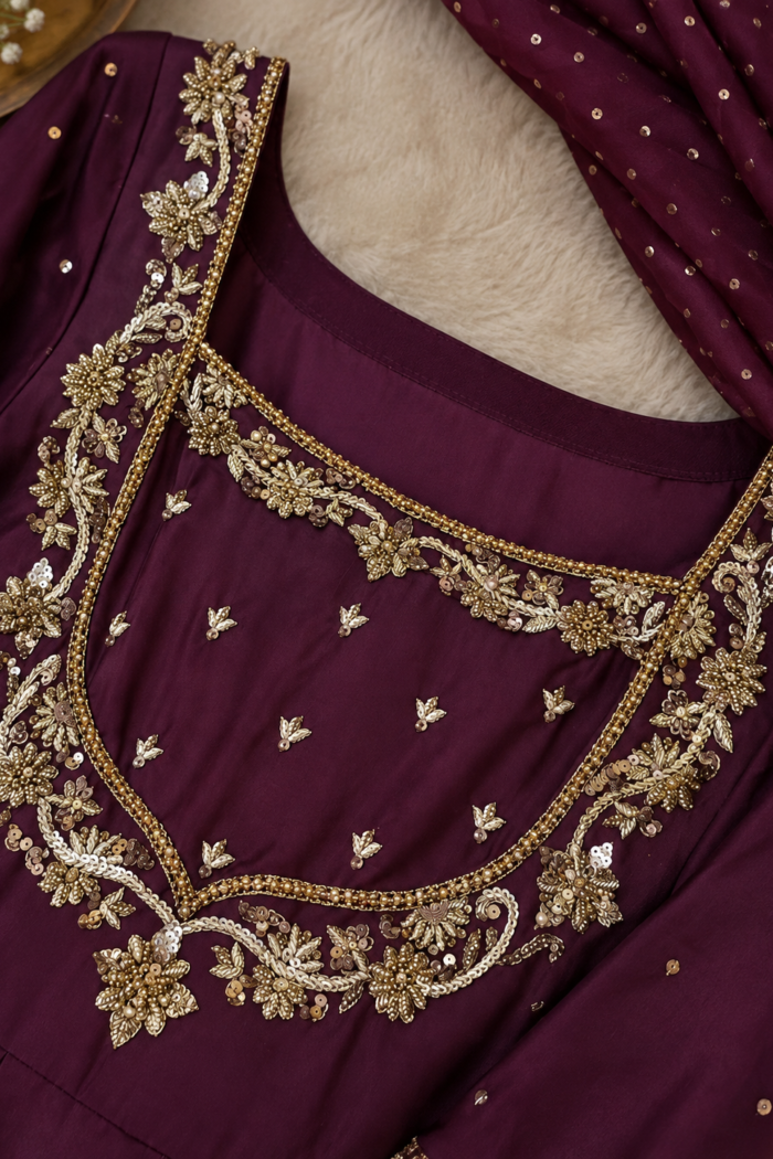 Mehroze deep plum tissue silk Anarkali gown — outfit detail image 1 | AYZAL HASSAN