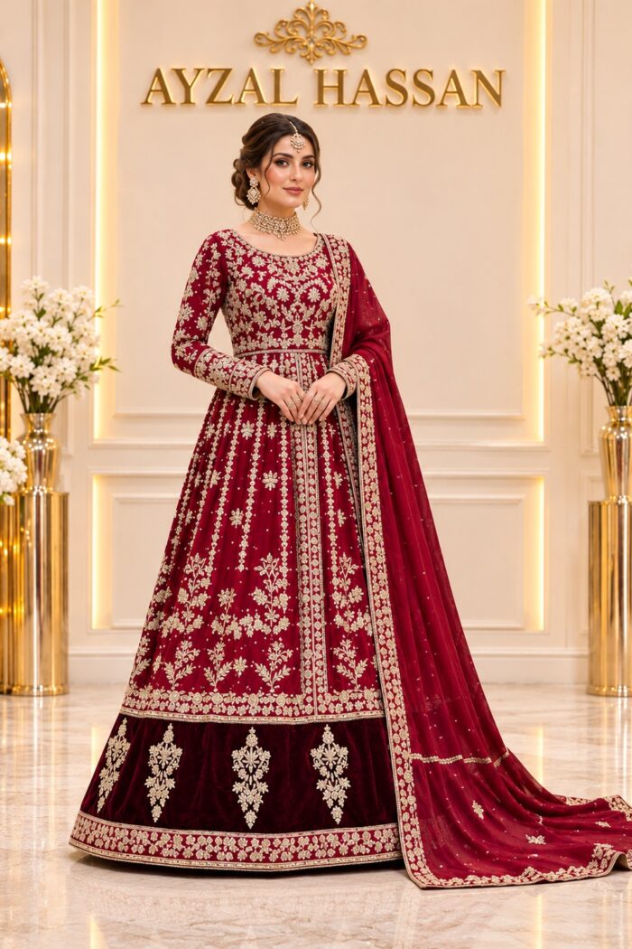 MEHR-E-SHAHI maroon Tissue Silk bridal Anarkali front model view | AYZAL HASSAN