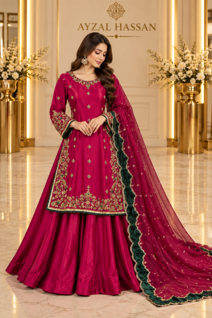 Zarmeisha deep fuchsia pink tissue silk bridal sharara — full outfit | AYZAL HASSAN