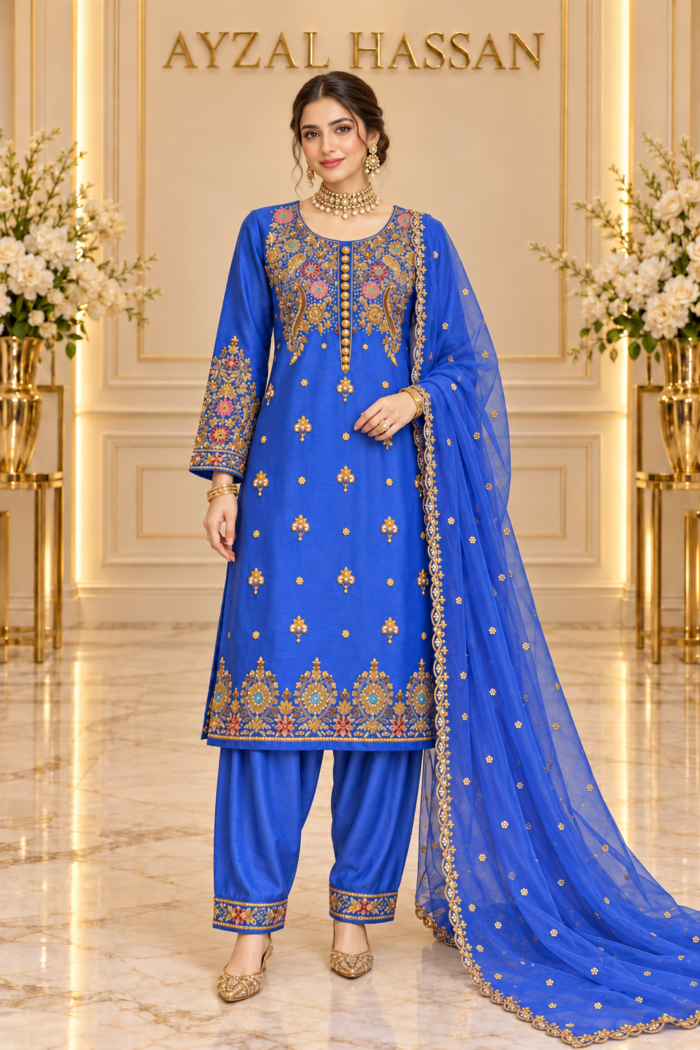 Zar-e-Neelam royal blue raw silk formal suit — full outfit | AYZAL HASSAN