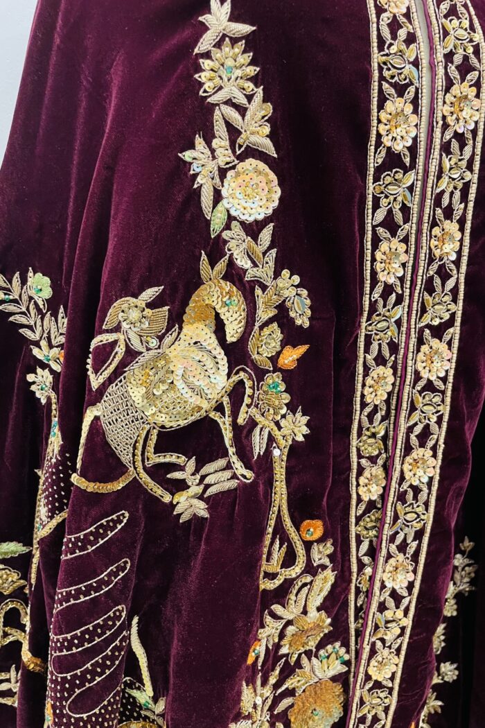 Jahan Ara – Ivory Tissue Silk & Wine Velvet Royal Shawl Formal — AYZAL HASSAN