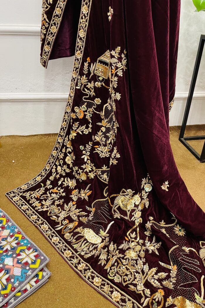 Jahan Ara – Ivory Tissue Silk & Wine Velvet Royal Shawl Formal — AYZAL HASSAN