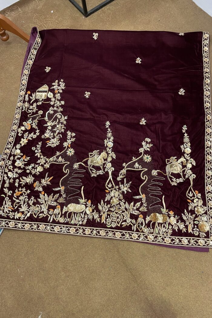 Jahan Ara – Ivory Tissue Silk & Wine Velvet Royal Shawl Formal — AYZAL HASSAN