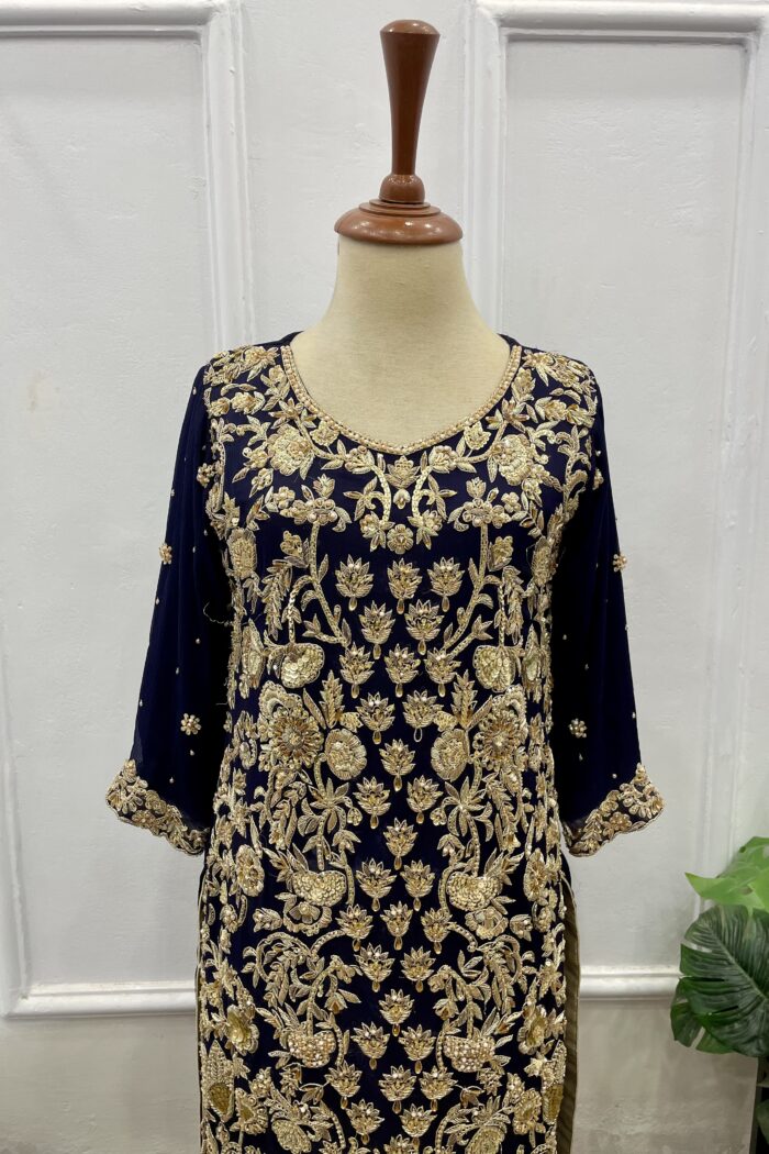 Shahmeerah – Navy Blue Zardozi Sheesha Silk Long Formal — AYZAL HASSAN
