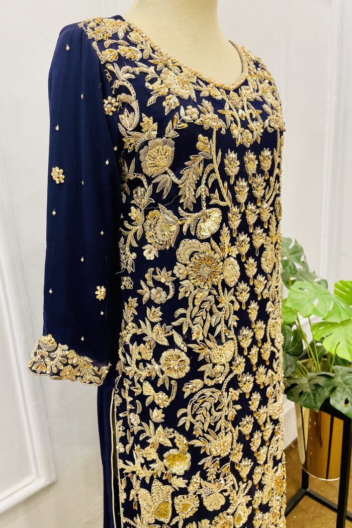 Shahmeerah – Navy Blue Zardozi Sheesha Silk Long Formal — AYZAL HASSAN