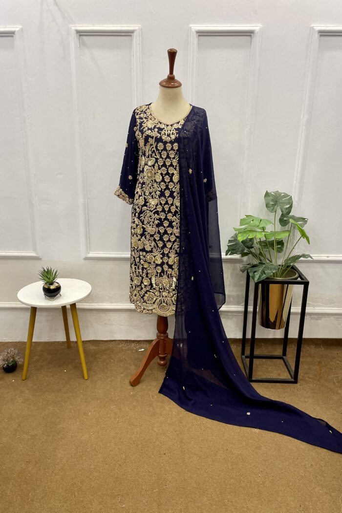 Shahmeerah – Navy Blue Zardozi Sheesha Silk Long Formal — AYZAL HASSAN