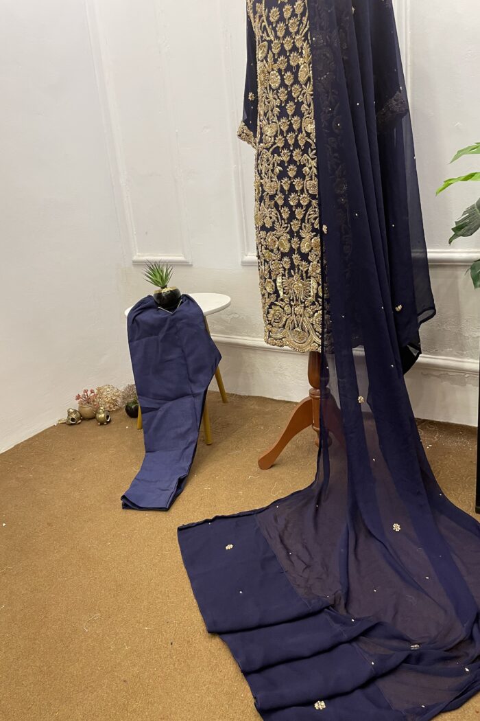 Shahmeerah – Navy Blue Zardozi Sheesha Silk Long Formal — AYZAL HASSAN