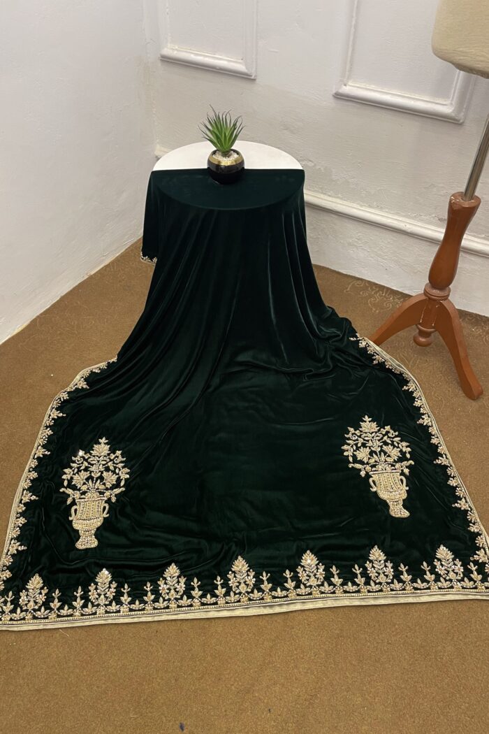 Zamurrad Ara – Ivory Sheesha Silk & Bottle Green Velvet Shawl Formal — AYZAL HASSAN