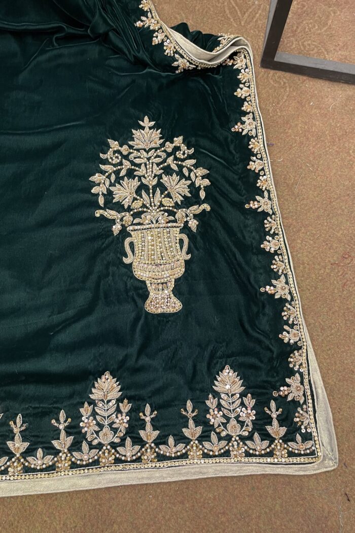 Zamurrad Ara – Ivory Sheesha Silk & Bottle Green Velvet Shawl Formal — AYZAL HASSAN