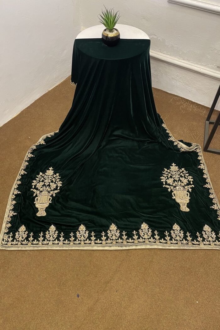 Zamurrad Ara – Ivory Sheesha Silk & Bottle Green Velvet Shawl Formal — AYZAL HASSAN