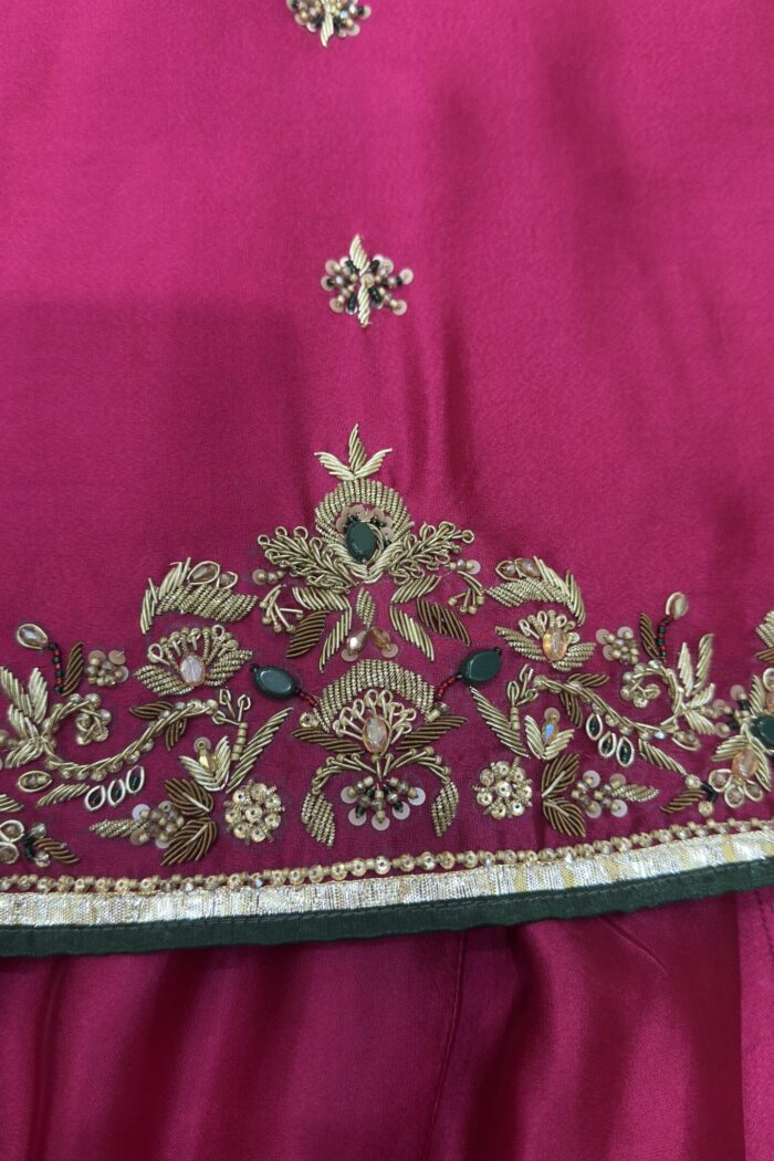 Zarmeisha deep fuchsia pink tissue silk bridal sharara — outfit detail image 1 | AYZAL HASSAN