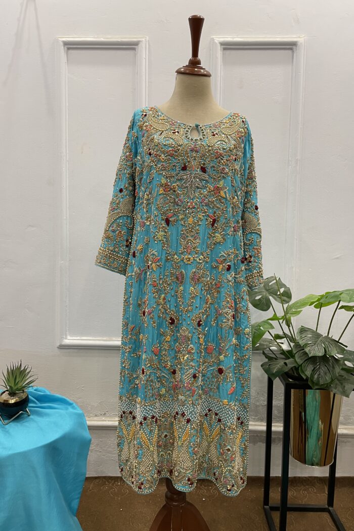 Zarveen – Turquoise Handwork Palazzo Formal — AYZAL HASSAN