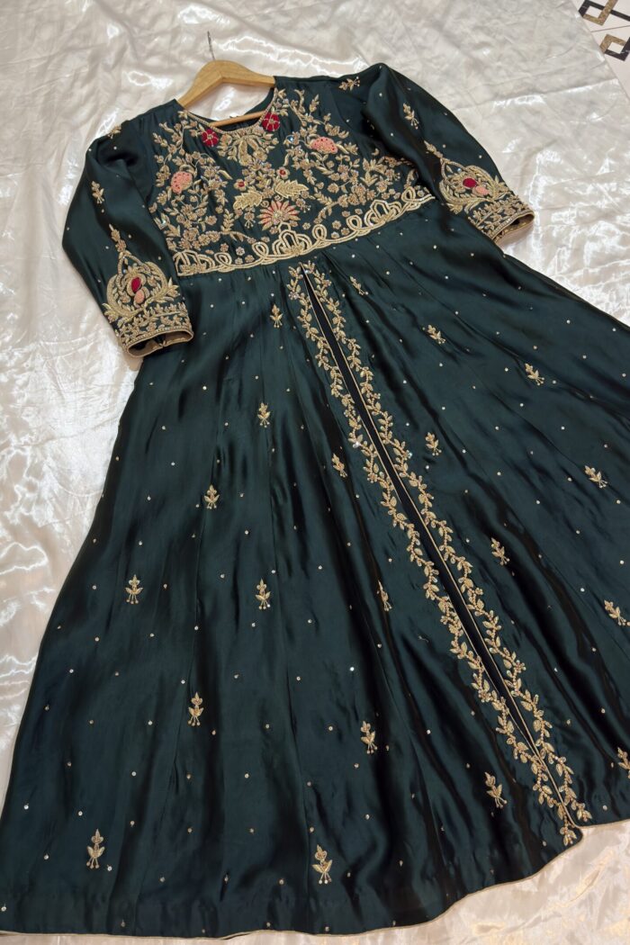 ZARNOUSH emerald green tissue silk Anarkali gown with gold embroidery | AYZAL HASSAN