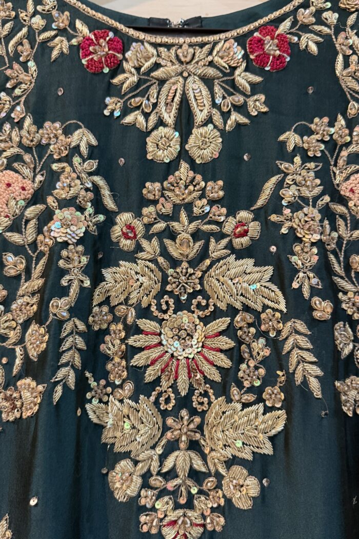 ZARNOUSH emerald green tissue silk Anarkali gown and gold embroidery detail | AYZAL HASSAN