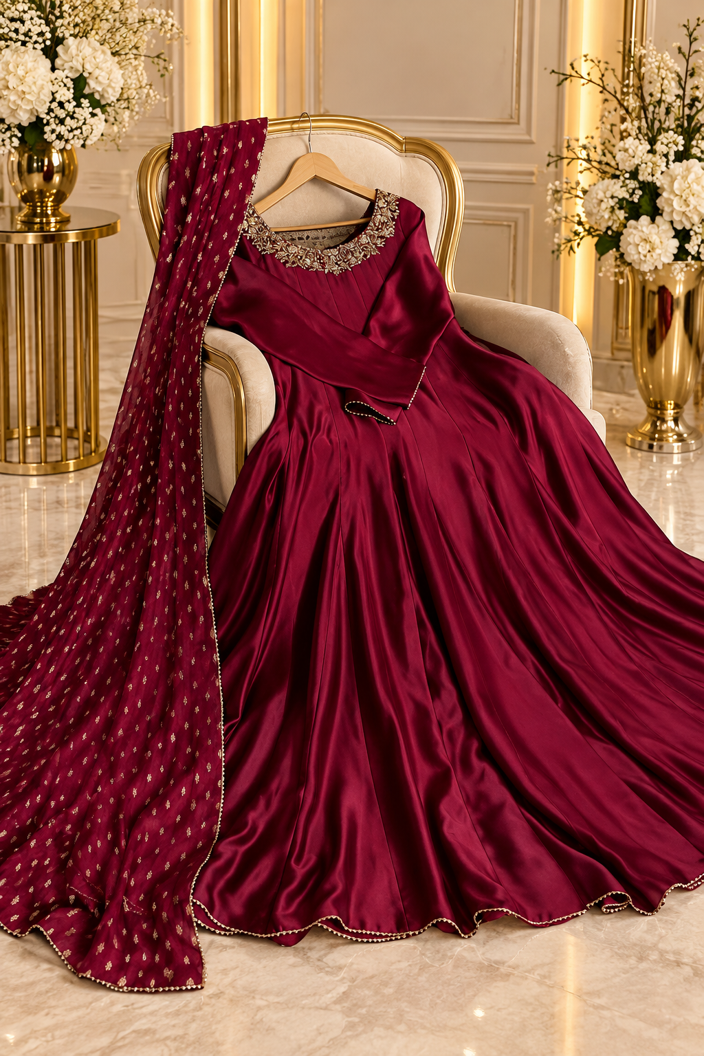 Noor-e-Mehal wine maroon silk Anarkali gown — full outfit | AYZAL HASSAN