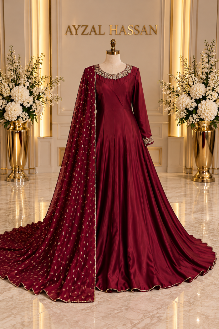 Noor-e-Mehal wine maroon silk Anarkali gown — outfit detail image 2 | AYZAL HASSAN