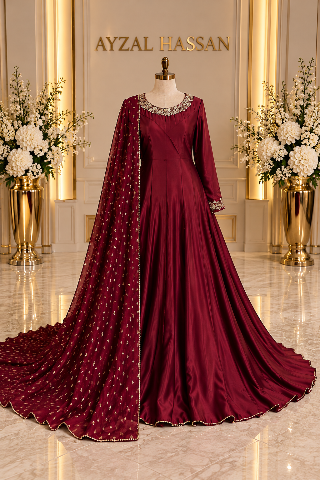 Noor-e-Mehal wine maroon silk Anarkali gown — outfit detail image 2 | AYZAL HASSAN