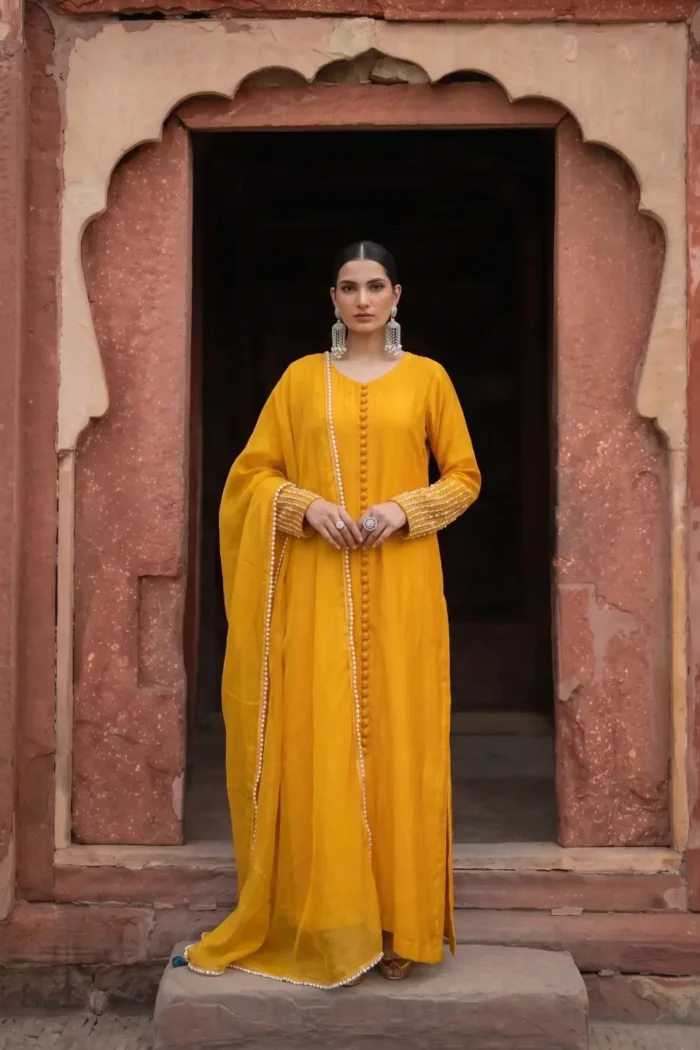 ZAR-E-BAHAR mustard yellow tissue silk luxury pret full-length front model view | AYZAL HASSAN